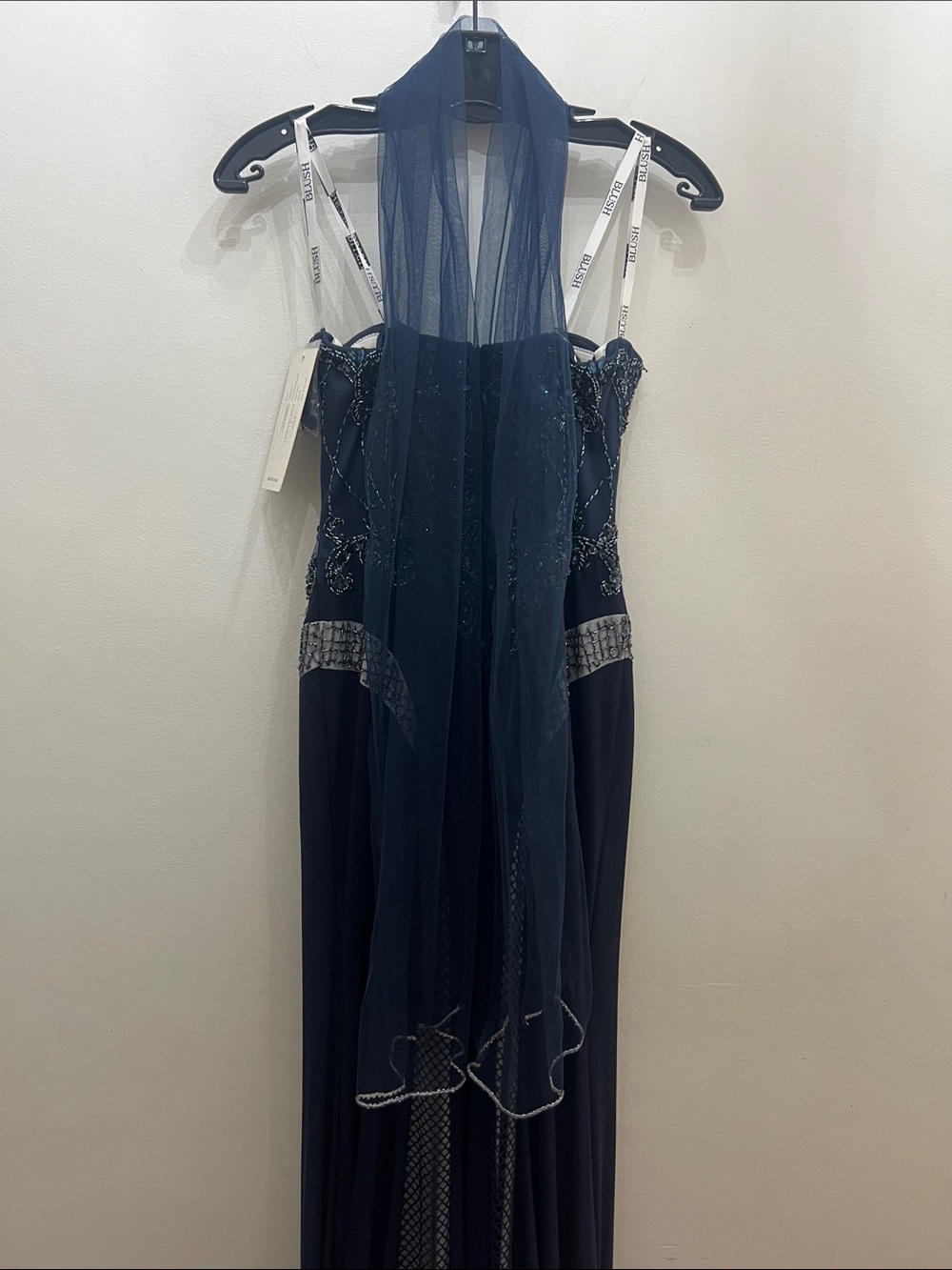 Blush Strapless Navy Beaded Mermaid Gown - Picture 8 of 9